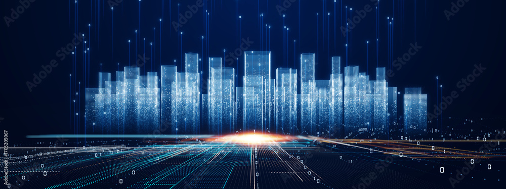 custom made wallpaper toronto digitalFuturistic smart city skyline with glowing digital buildings, cyber connections, and streaming data. Ideal for AI, IoT, big data, cloud computing, blockchain, and sustainable urban technology concepts