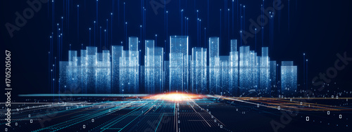 Futuristic smart city skyline with glowing digital buildings, cyber connections, and streaming data. Ideal for AI, IoT, big data, cloud computing, blockchain, and sustainable urban technology concepts