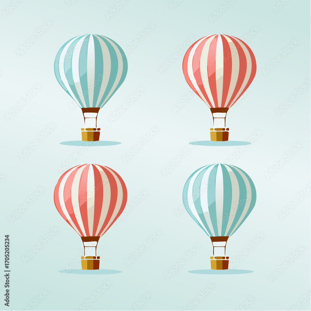 Fototapeta premium Four Vector Hot Air Balloons Retro Designs in Pastel Colors for Travel and Adventure