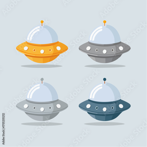Collection of colorful cartoon flying saucers and UFO alien spaceships. Vector illustration set for science fiction and space exploration concepts