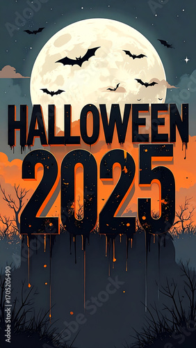Spooky Halloween 2025 design featuring bats, full moon, and eerie colors, perfect for festive decorations and themes.