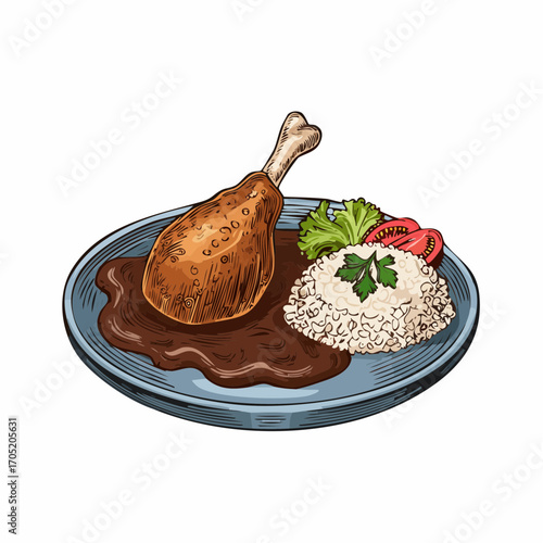 Classic hand-drawn illustration of a delicious roasted chicken drumstick dinner featuring rich savory sauce and fluffy white rice with fresh garnish, perfect for culinary menus and food-themed designs