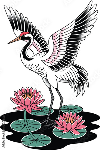 Red crowned crane with pink water lilies bird lily
