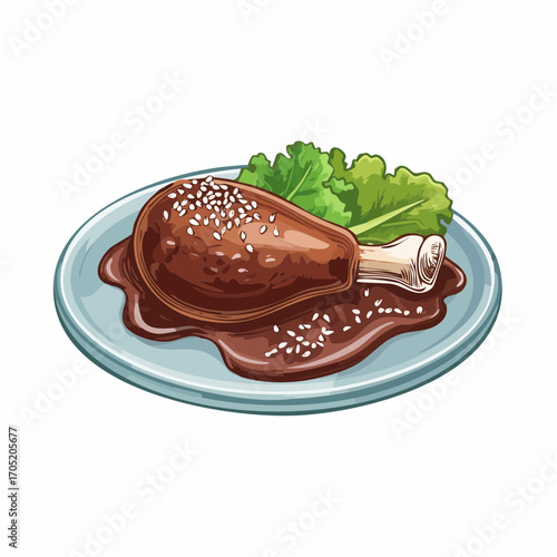 Savory illustrated chicken drumstick served on a plate with rich, dark mole sauce, sprinkled with sesame seeds and garnished with fresh lettuce,Mexican mole poblano