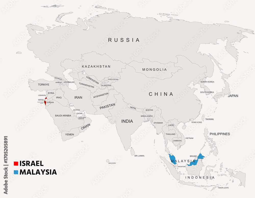Fototapeta premium Malaysia and Israel Country Map with Borders and Geographic Details