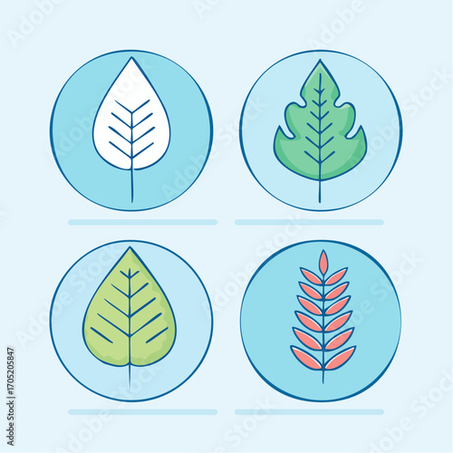 A collection of four modern line art leaf icons in circular frames, representing botanical diversity and natural elements for design