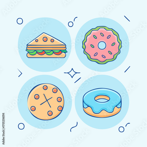 Delicious Treats Sandwich, Doughnuts and Cookies Icon Set