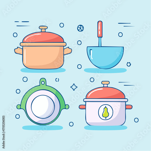 Colorful kitchen utensils with a clean and minimalist design in a modern style for culinary use