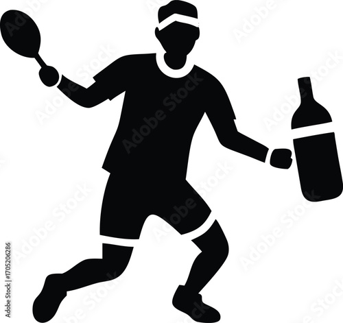 Dynamic silhouette icon of pickleball player with paddle striking ball, trophy and handshake behind, water bottle and headband floating.