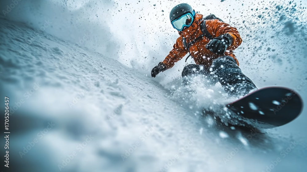 Fototapeta premium Snowboarder descends a snowy mountain slope, unleashing a flurry of powder snow in a breathtaking winter landscape