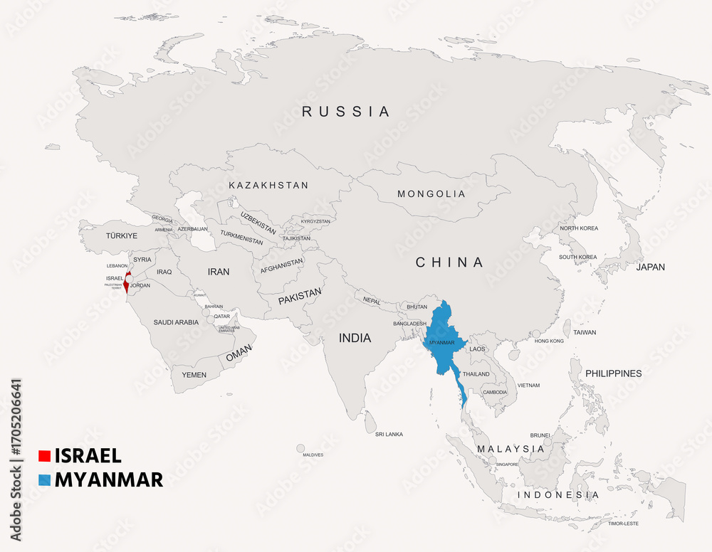 Naklejka premium Myanmar and Israel Country Map with Borders Geographic Overview Illustration