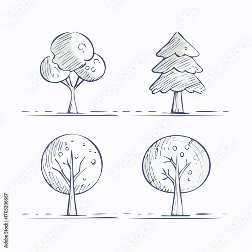Charming hand-drawn tree illustrations. Diverse set of sketchy trees, ideal for nature, eco-friendly, and whimsical graphic design projects