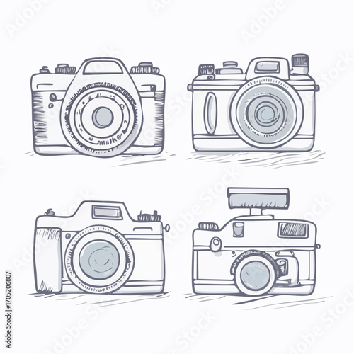 Four Vintage Cameras A Detailed Hand-Drawn Sketch