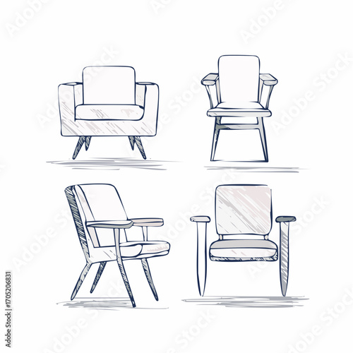 A collection of hand-drawn armchair sketches, illustrating modern furniture concepts for stylish interior design and comfort