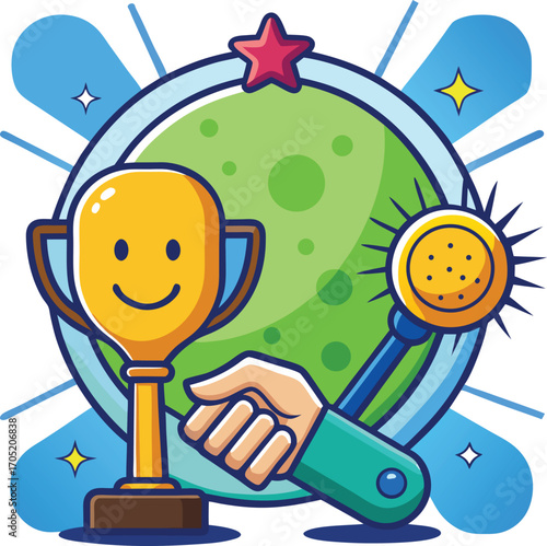Dynamic icon of pickleball paddle smashing ball, trophy and handshake shining in background.