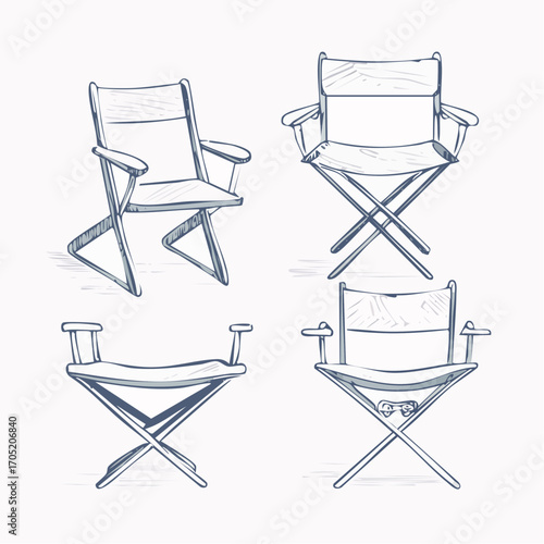 Collection of four hand-drawn sketches of various foldable director's chairs, ideal for creative projects