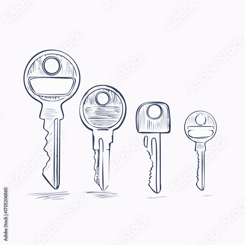 Simple Line Drawing of Four Keys in a Row on White Background