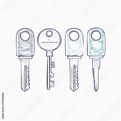Set of Four Hand-Drawn Keys  Simple Sketch Style Illustrations