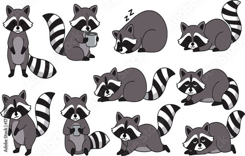 Cartoon raccoon vector set, cute animal poses, sleeping sitting waving holding cup, forest wildlife clipart, character design elements