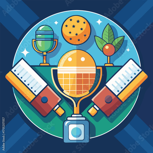 Colourful flat icon showing pickleball paddle and ball in center, surrounded by court lines, trophy, team handshake, headband, and water bottle in circular layout.
