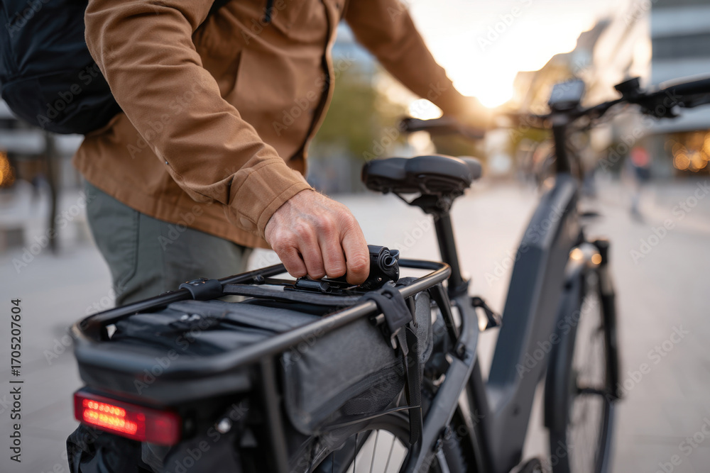 Adjusting bag on electric bike in urban setting