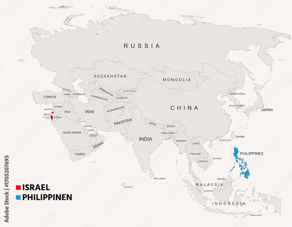 Obraz premium Philippines and Israel Country Map with Borders and Geographic Overview