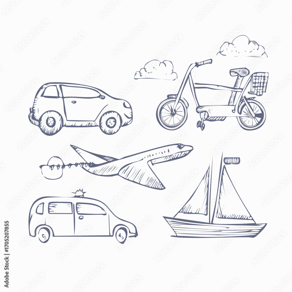 Fototapeta premium Artistic sketch collection of various everyday and travel transportation modes, featuring hand-drawn cars, bicycles, airplanes, and sailboats, perfect for depicting movement and journey concepts