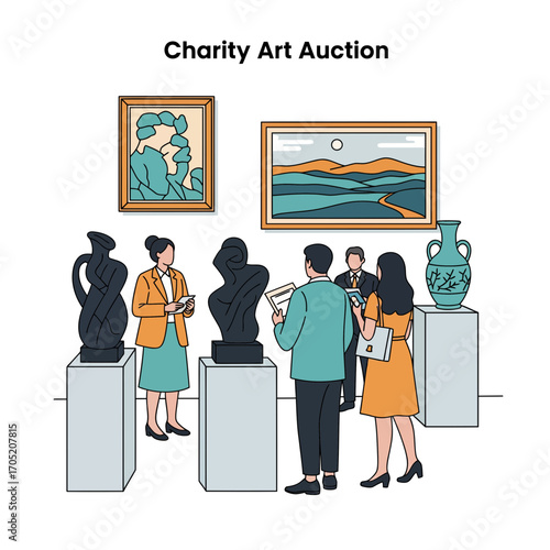 Art auction event featuring people viewing sculptures and paintings in a gallery setting with charity art fundraising