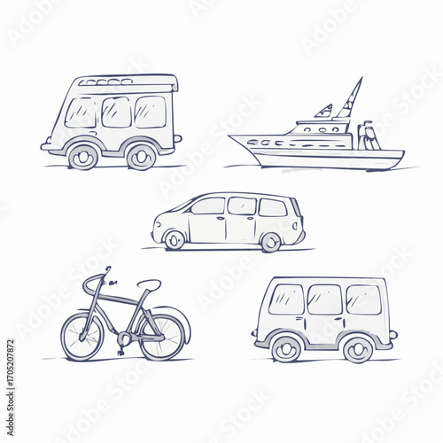 Collection of hand-drawn transportation icons van, car, boat, and bicycle illustrations