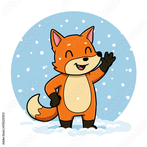 A cheerful cartoon fox stands in a snowy scene, smiling with closed eyes and waving warmly as snowflakes fall around, capturing a playful winter vibe.
