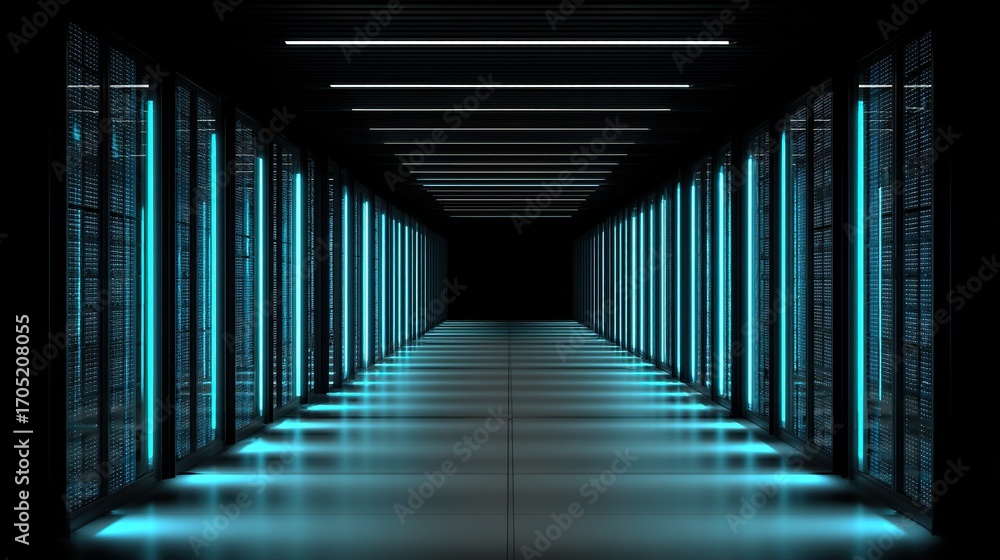 Fototapeta premium A futuristic server room, equipped with flickering blue lights, showcasing advanced technological infrastructure used for data storage, processing, and network operations.