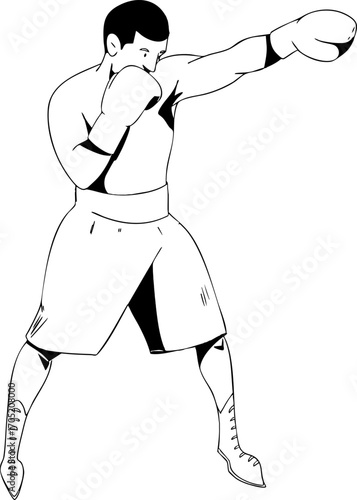 A man at a boxing training session. Vector illustration. Black and white sketch.