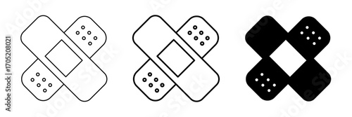medical bandage and plaster cross icons in outline, filled, and solid styles isolated on white background
