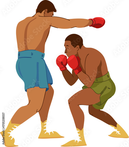 Two boxers are sparring. One boxer is throwing a punch, and the other is dodging it. Vector illustration.