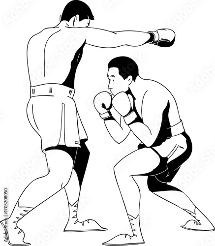 Two boxers are sparring. One boxer is throwing a punch, and the other is dodging it. Vector illustration. Black and white sketch.