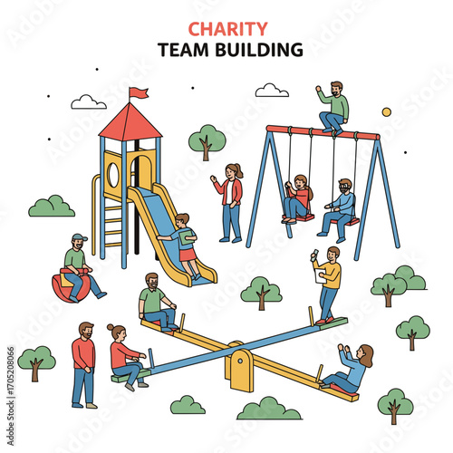 Charity team building event with people enjoying playground activities together in a spirit of collaboration and fun