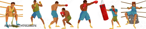 A set of vector illustrations of boxer characters sparring, in a boxing stance, and in the ring.