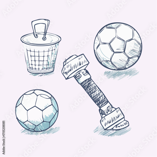 Hand-drawn sketch collection of sports equipment soccer balls, dumbbell, and basketball net. Artistic doodle style for active lifestyle and fitness designs