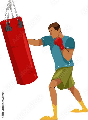 A man is boxing a punching bag. Vector illustration.