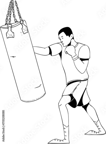A man is boxing a punching bag. Vector illustration. Black and white illustration.