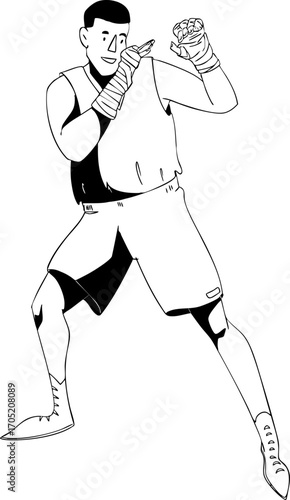 A man at a boxing or kickboxing training session. Vector illustration. Black and white illustration.