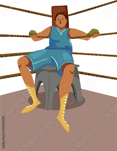 A man is sitting on a chair in the corner of a boxing ring. Vector illustration.