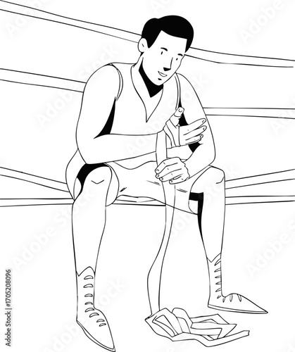 A man is sitting on the ropes of a boxing ring and wrapping his hands with bandages. Vector illustration. Black and white sketch.