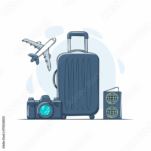 Essential items for an exciting global journey, depicting a packed suitcase, camera, passport, and airplane, ready for exploration and adventure, symbolizing the joy of travel and discovery