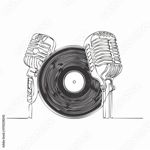 Vintage Music Mashup Vinyl Record & Microphones - A Timeless Audio Fusion for Music Lovers