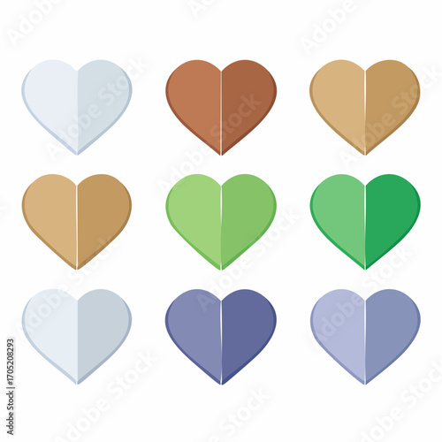 Set of nine colorful heart shapes in a grid pattern, with a modern, flat design aesthetic and subtle shading