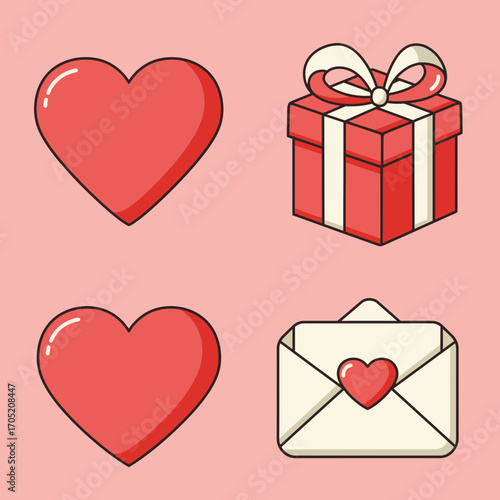 Cute Valentine's Day vector illustration with hearts, gift box, and love letter for romantic celebrations