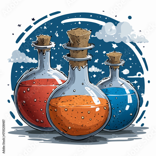 Three vibrant magical potions in glass flasks with cork stoppers, set against a whimsical starry night sky, perfect for fantasy themes and mysterious concoctions