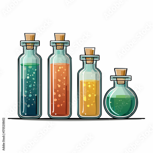 Various colorful potions and liquids in glass bottles with cork stoppers, displayed in a row on a white background