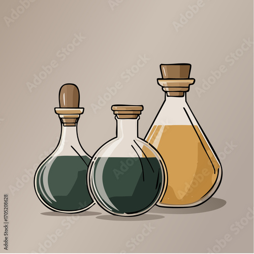 Illustration of three potion bottles with different colored liquids, perfect for fantasy themes
